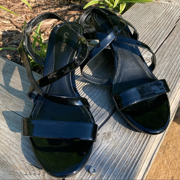 Calvin Klein Thea wedge Sandal black patent women size 8 - Picture 1 of 12